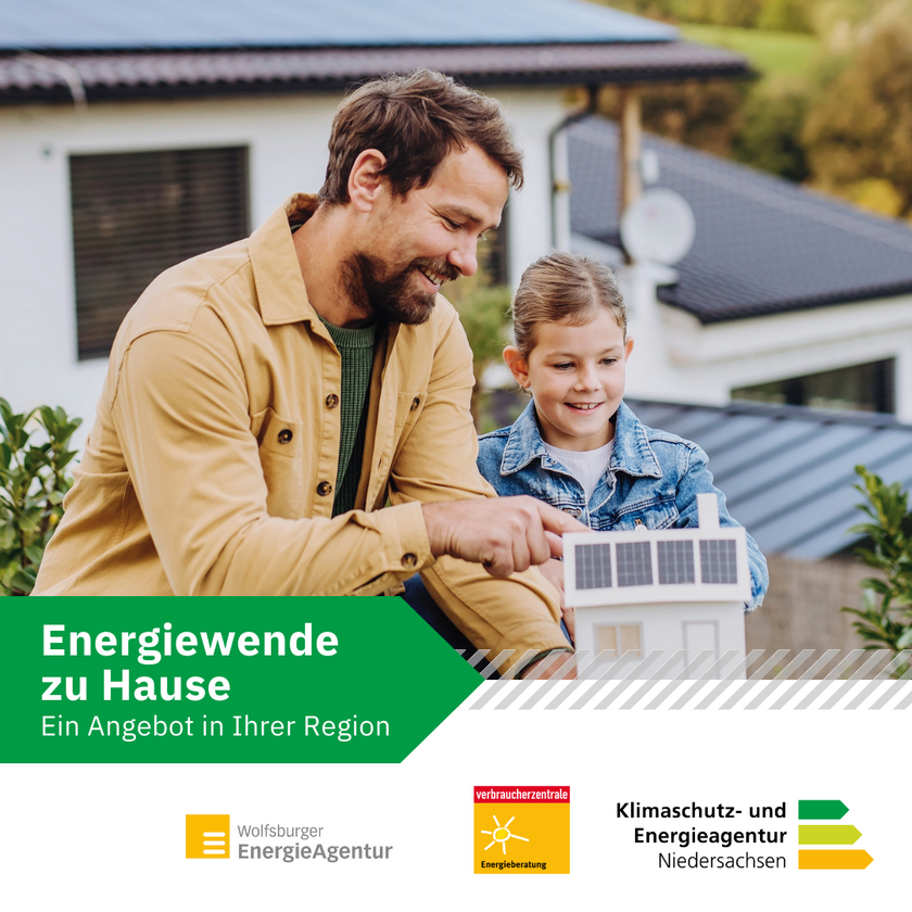 Mann mit einem Kind, welche auf ein gebasteltes Haus mit Solaranlagen zeigen, zudem der Slogan "Energiewende zu Hause. Ein Angebot in Ihrer Region"