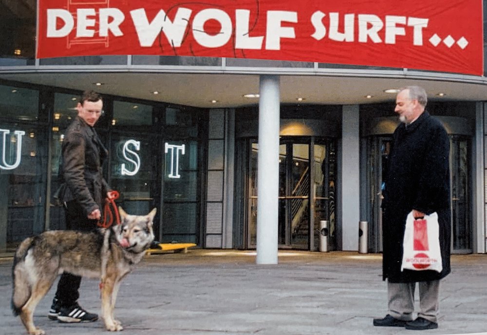 Wolf vor Plakat mit Aufschrift "Der Wolf surft"