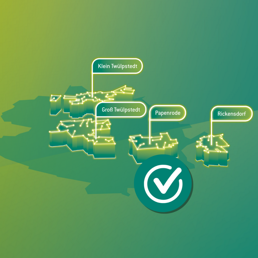 Grüne Grafik mit leuchtenden Ortschaften der Samtgemeinde Velpke und einem Haken
